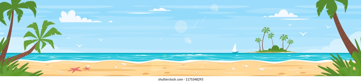 Vector cartoon style background of paradise sea shore. Good sunny day. Tropical island and ocean panorama with palm trees on the sides. Horizontal composition.
