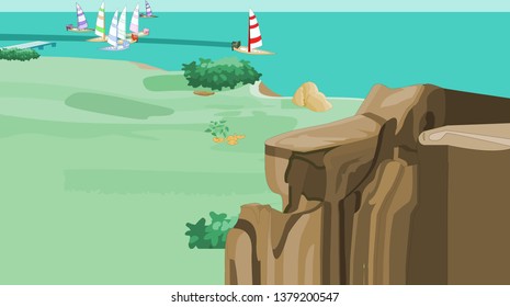 Vector cartoon style background of paradise sea shore. Good sunny day. Tropical island and ocean panorama with palm trees on the sides. Horizontal composition