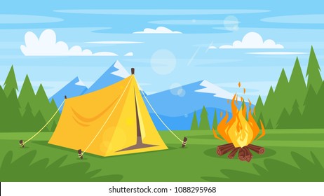 Vector cartoon style background with rocky mountains, forest, camp fire and tourist tent.