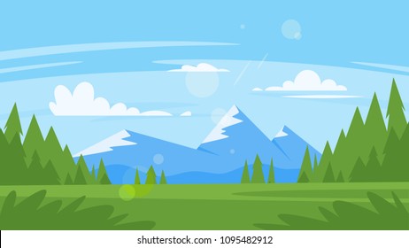 Vector cartoon style background with rocky mountains and forest. Good sunny day.