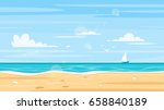 Vector cartoon style background of sea shore. Good sunny day.