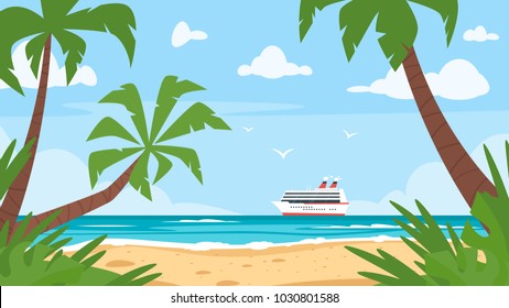 Vector cartoon style background of sea shore with palm trees and cruise ship far away. Good sunny day.