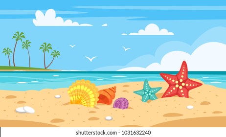 Vector cartoon style background of sea shore with colorful seashells. Good sunny day.