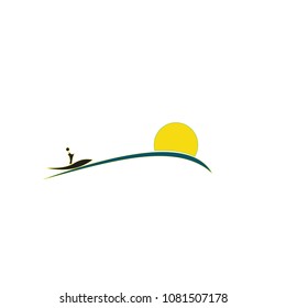 Vector cartoon style background of sea shore. Good sunny day. Sea Ocean Panoramic Clear Sky Adventure Logo