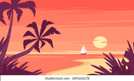 Vector cartoon style background of sea shore with palm trees. Sunrise and a ship far away on the horizon.