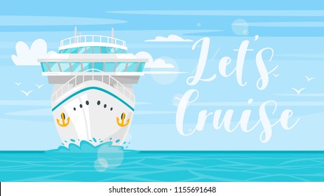 Vector cartoon style background of sea and cruise ship - front view. Good sunny day. Travel and tourism transport.
