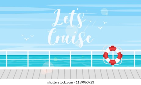 Vector cartoon style background of sea view. Good sunny day. Cruise, travel and tourism concept. Ship deck and lifebuoy.