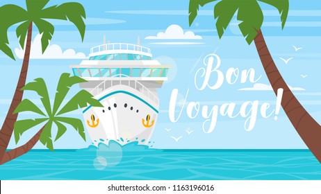 Vector Cartoon Style Background Of Sea View. Good Sunny Day. Cruise Ship - Front View. Travel And Tourism Transport. Palm Trees.