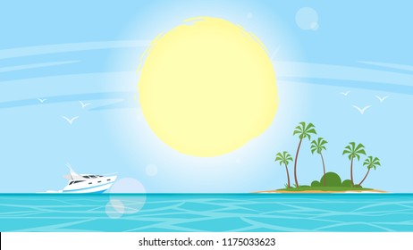 Vector cartoon style background of sea shore. Good sunny day. Paradise island and yacht. 
