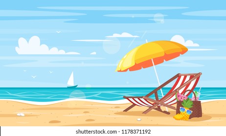 Vector cartoon style background of sea shore. Good sunny day. Deck chair and beach umbrella on the sand coast.
 - Shutterstock ID 1178371192