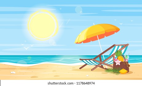 Vector cartoon style background of sea shore. Deck chair and beach umbrella on the sand coast. Good sunny day on paradise island.
