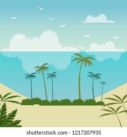 Vector cartoon style background of sea shore. Good sunny day. Palm tree island. tropical beach vector illustration