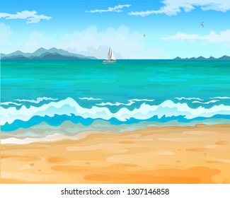 Vector cartoon style background of sea shore. Sailboat on the horizon against the backdrop of mountains. Good sunny day.