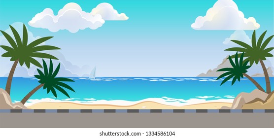 Vector cartoon style background of sea shore. Good sunny day
