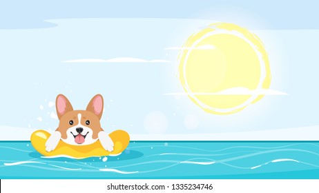 Vector cartoon style background of sea with happy corgi pet dog floating in a inflatable ring. Good sunny day with clear sky. Vector illustration. Vacation and traveling outdoors concept.