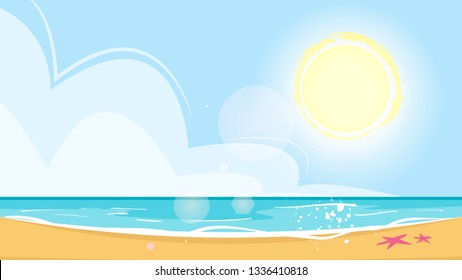 Vector cartoon style background of sea shore. Good sunny day. Vector illustration.