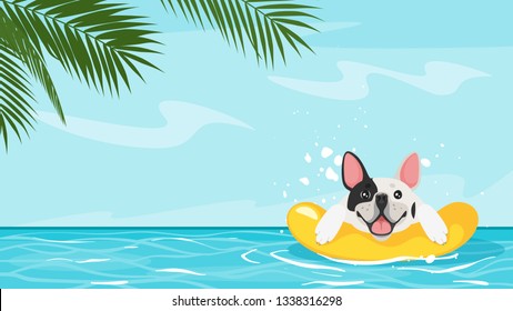 Vector cartoon style background of sea with happy french bulldog floating in a inflatable ring. Good sunny day. Vector illustration. Vacation and traveling outdoors concept.