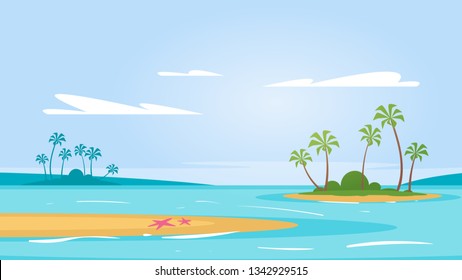 Vector cartoon style background of sea shore with star fish. Tropical island far away in the ocean. Good sunny day. Vector illustration.