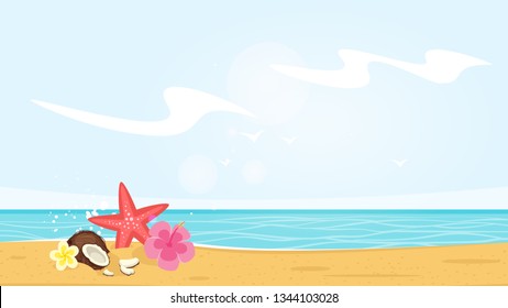 Vector cartoon style background of sea shore. Star fish, tropical flower and cracked coconut in sand. Good sunny day. Vector illustration.