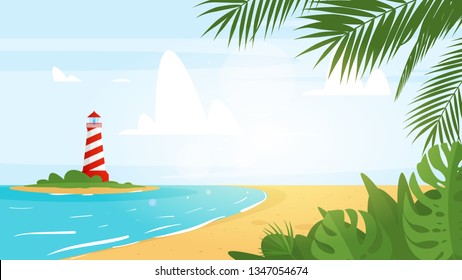 Vector cartoon style background of sea shore with floral palm leaves in the corner. Good sunny day. Lighthouse on the island far away. Vector illustration.