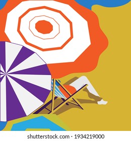 Vector cartoon style background of sea shore. Good sunny day. Girl sit on deck chair under colorful beach umbrella on the sand coast.