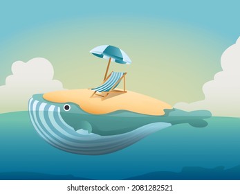 Vector cartoon style background of sea beach on whale back, deck chair and beach umbrella in the middle of the sea.