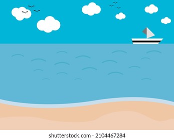 Vector cartoon style background of sea with sailboat 