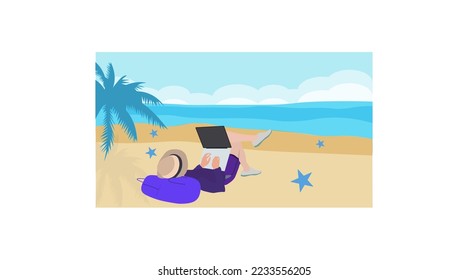Vector cartoon style background of sea shore.youngman laying on bag with laptop. Good sunny day.tree. star fish 