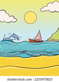 Vector cartoon style background of sea shore. Good sunny day cartoon vector
