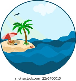 Vector cartoon style background of sea shore. Good sunny day. Deck chair and beach umbrella on the sand coast.