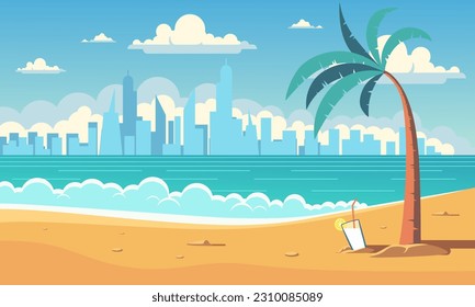 Vector cartoon style background of sea shore. Good sunny day Summer Background. Tropical blue sea and a sand beach vector background