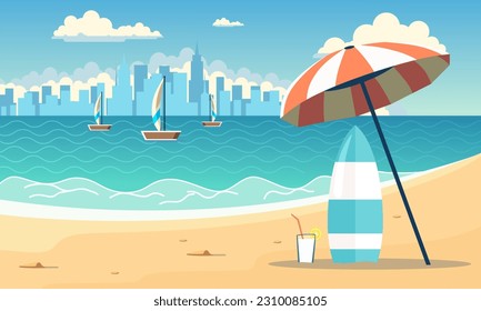 Antecedentes de la orilla del mar en forma de dibujos animados. Buen día soleado fondo de verano. Mar tropical azul y fondo de vectores de playa de arena
