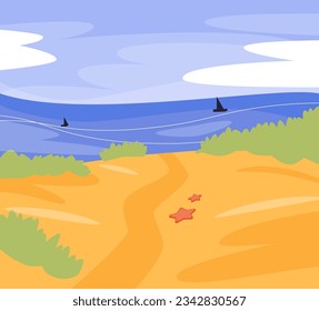 Vector cartoon style background of sea shore. Good sunny day. Ocean waves reaching the coastline. Beach, sand, sea shore with blue waves