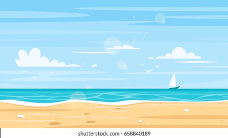 Vector cartoon style background of sea shore. Good sunny day.
