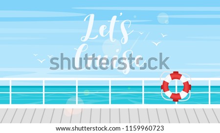 Vector cartoon style background of sea view. Good sunny day. Cruise, travel and tourism concept. Ship deck and lifebuoy.