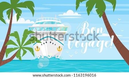 Vector cartoon style background of sea view. Good sunny day. Cruise ship - front view. Travel and tourism transport. Palm trees.