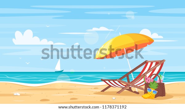 Vector cartoon
style background of sea shore. Good sunny day. Deck chair and beach
umbrella on the sand
coast.
