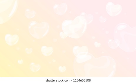 Vector cartoon style background with soap heart shaped bubbles. Pink yellow background.