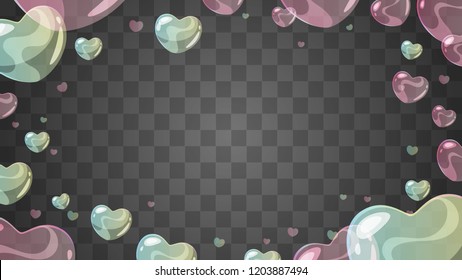 Vector cartoon style background with soap heart-shaped bubbles at the border. Transparent background.