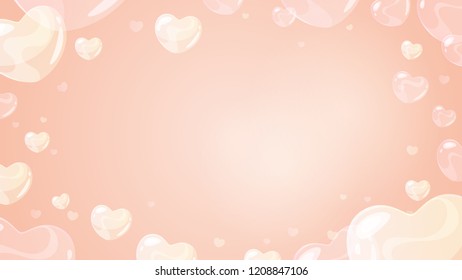 Vector cartoon style background with soap heart shaped bubbles. Pastel background.
