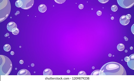 Vector cartoon style background with soap transparent bubbles at the border. Violet background.
