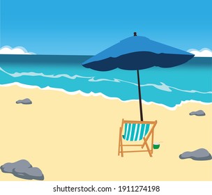 Vector Cartoon Style Background Of Summer Beach. Paradise Nature Vacation, Ocean Or Sea Seashore. Seaside Landscape, Tropical Beach Relax Or Seaside Landscape. Good Sunny Day. Deck Chair, Coconut And