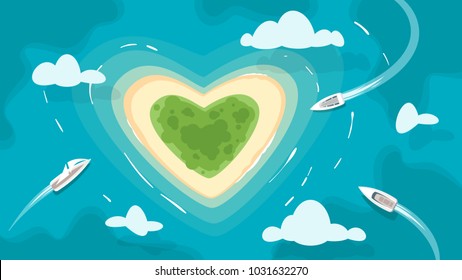 Vector cartoon style background with tropical paradise heart shaped romantic island in the azure colored sea. Yacht sailing towards the shore. Good sunny day. Hello summer text. Top view.