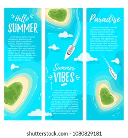 Vector cartoon style background with tropical paradise island in the azure colored sea. Yacht sailing towards the shore. Good sunny day. Top view. Banner template.
