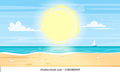 Vector cartoon style background of tropical island paradise sea shore. Good sunny day.
