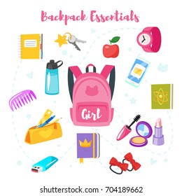 Vector cartoon style backpack essentials set for school girl. Isolated on white background.