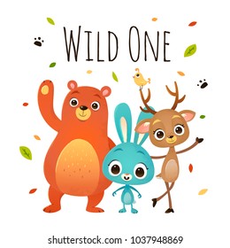 vector cartoon style bear bunny and deer wild one illustration
