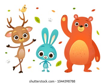 vector cartoon style bear bunny and deer wild forest illustration set