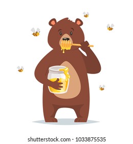 Vector cartoon style bear character eating sweet honey. Bees flying around. Isolated on white background.