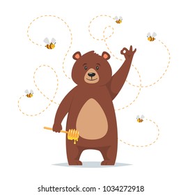 Vector cartoon style bear character eating sweet honey showing a okay hand sign. Bees flying around. Isolated on white background. Ok gesture.